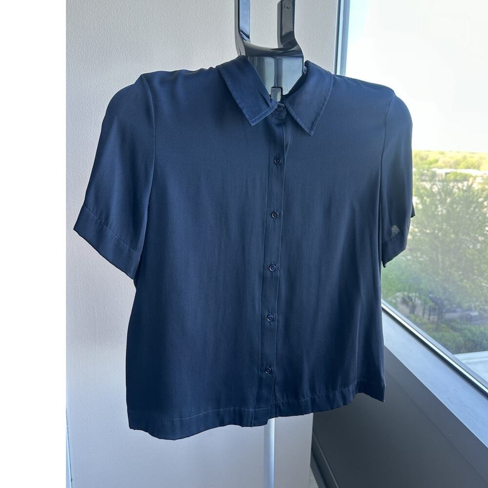 Quince Navy Silk Blend Satin Button-Up Collared Short Sleeve Blouse Women's S